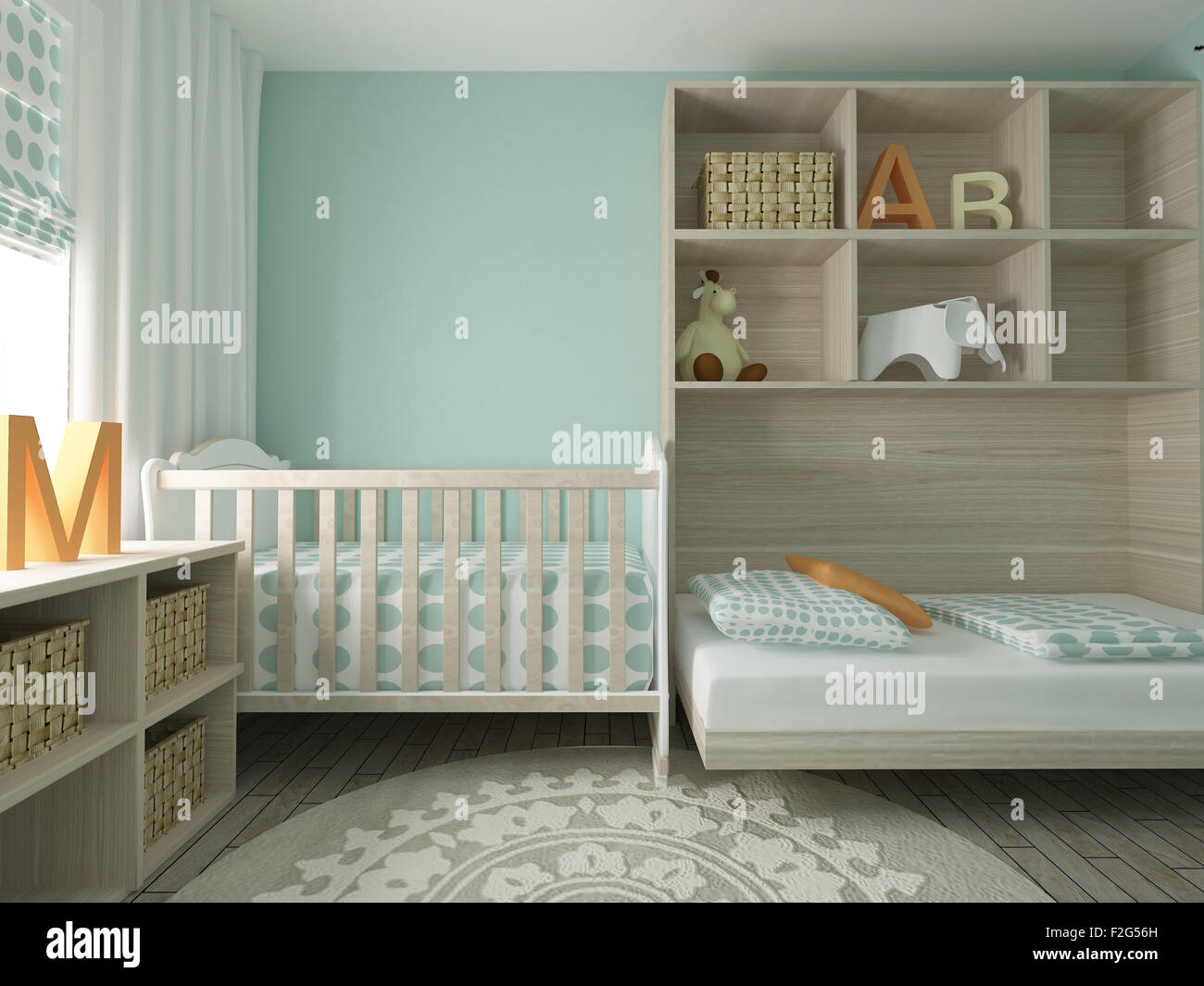 Baby room, nursery, sala per bambini, sala giochi, interior design, 3D render Foto Stock