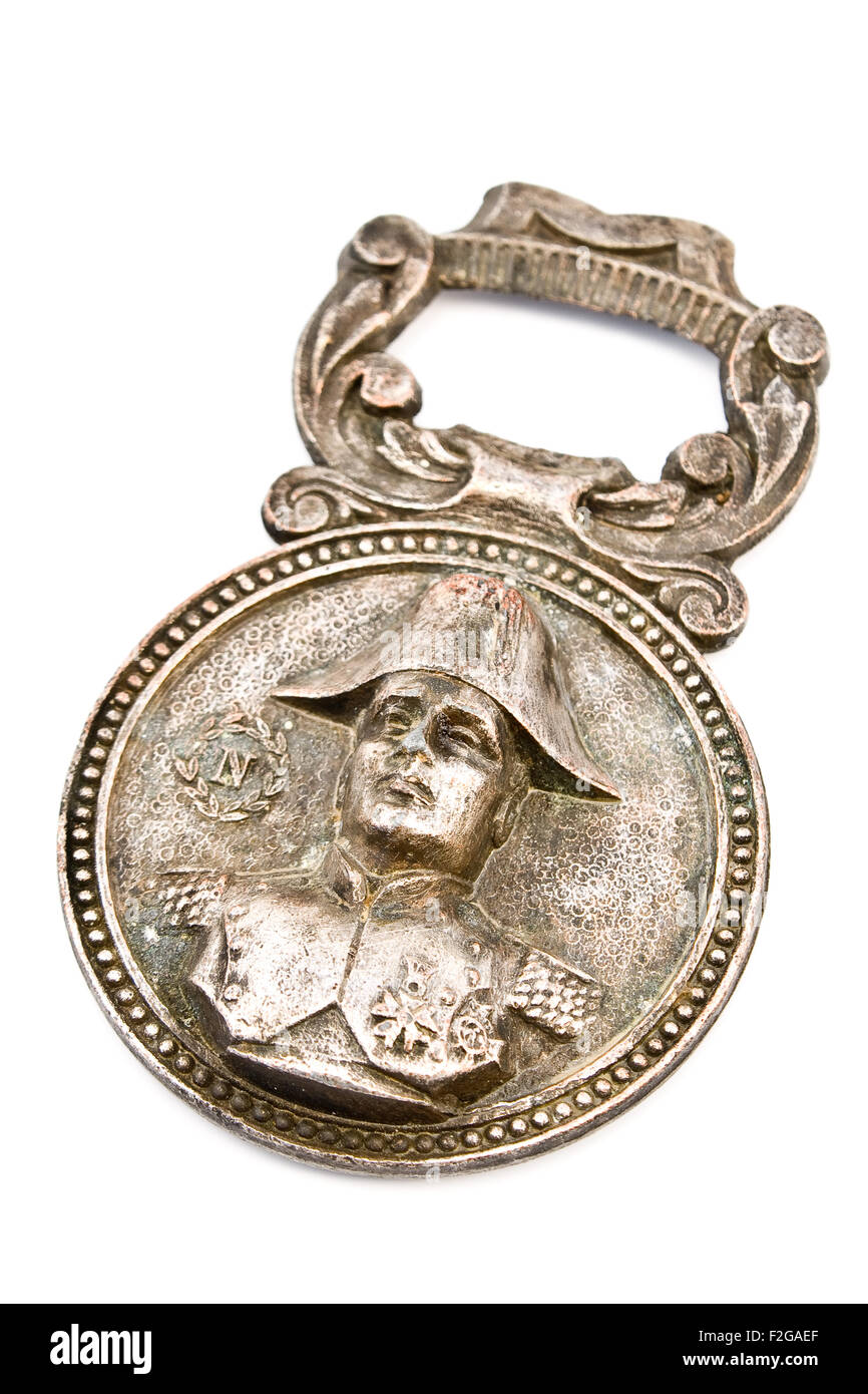 Apribottiglie con ritratto di Napoleone isolato su bianco Foto Stock