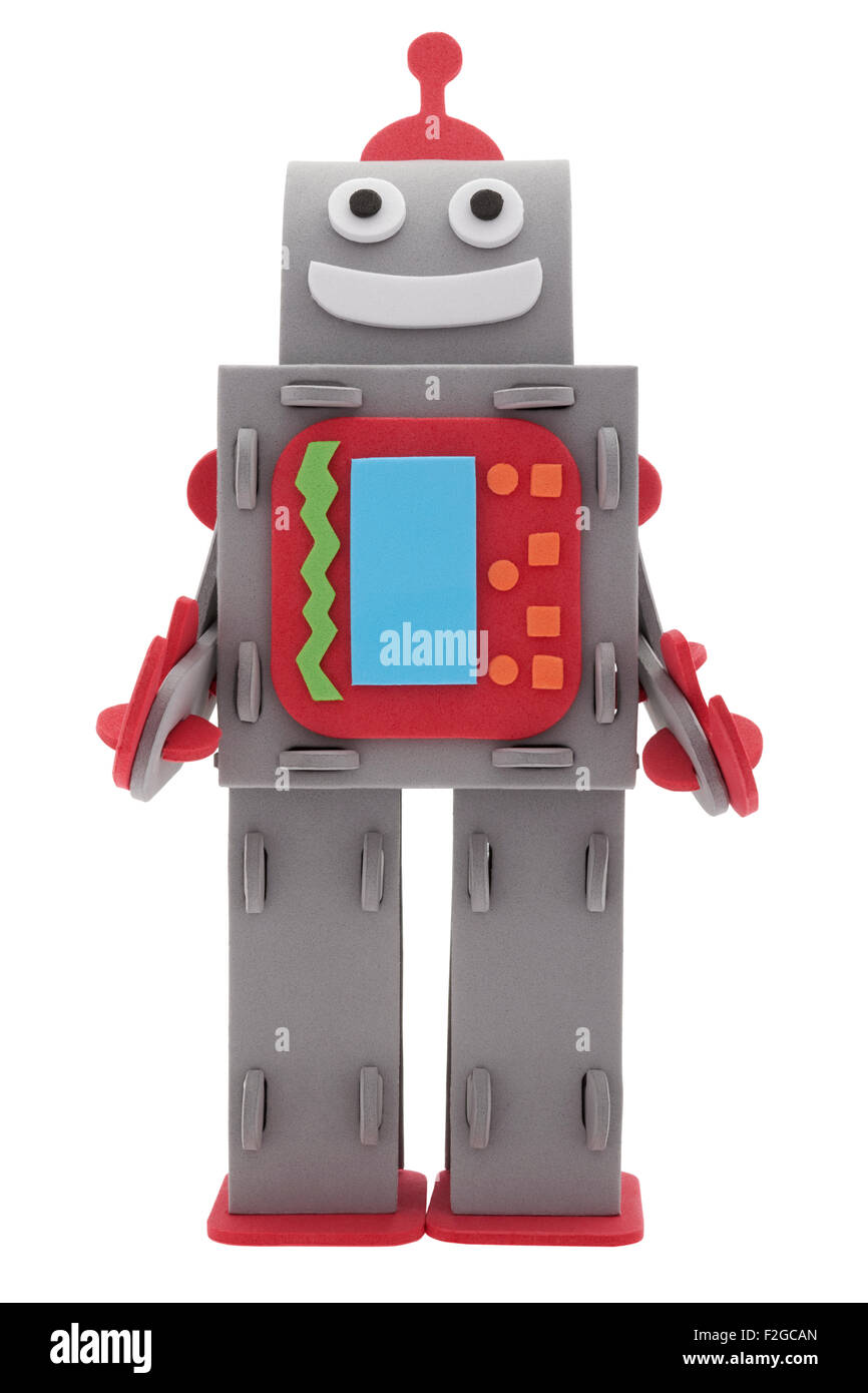 Schiuma robot giocattolo su sfondo bianco Foto Stock