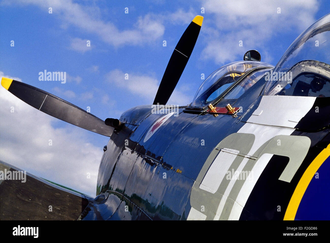 MJ627 Spitfire T9 Mk IX nei segni di 441() RCAF Squadron RAF Coded 9G:P a est Kirkby Aviation Center. Lincolnshire. Foto Stock