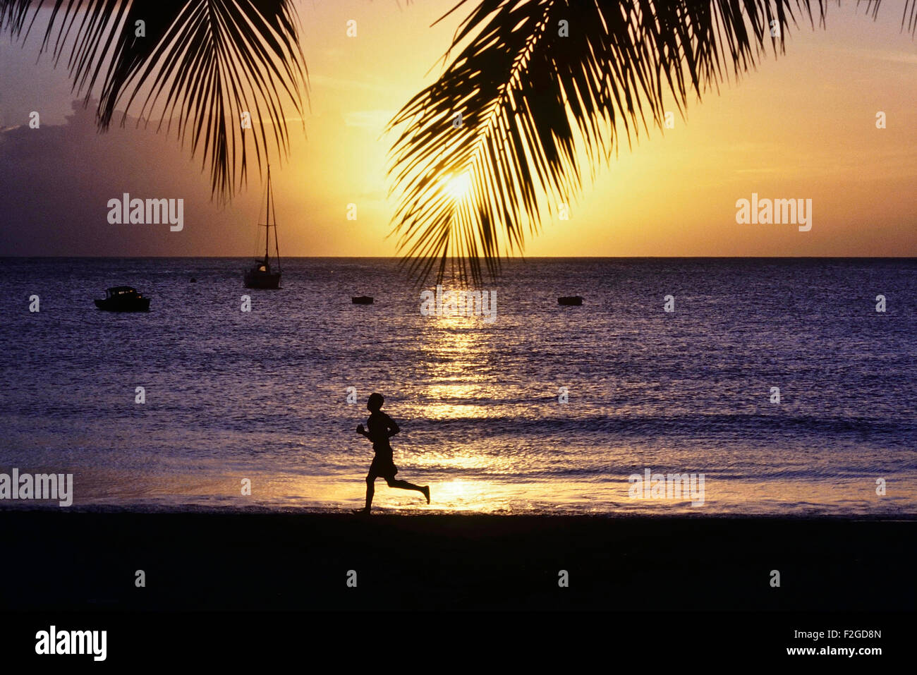 L'uomo delle Barbados che corre lungo una spiaggia al tramonto. Barbados. Caraibi. Indie occidentali Foto Stock