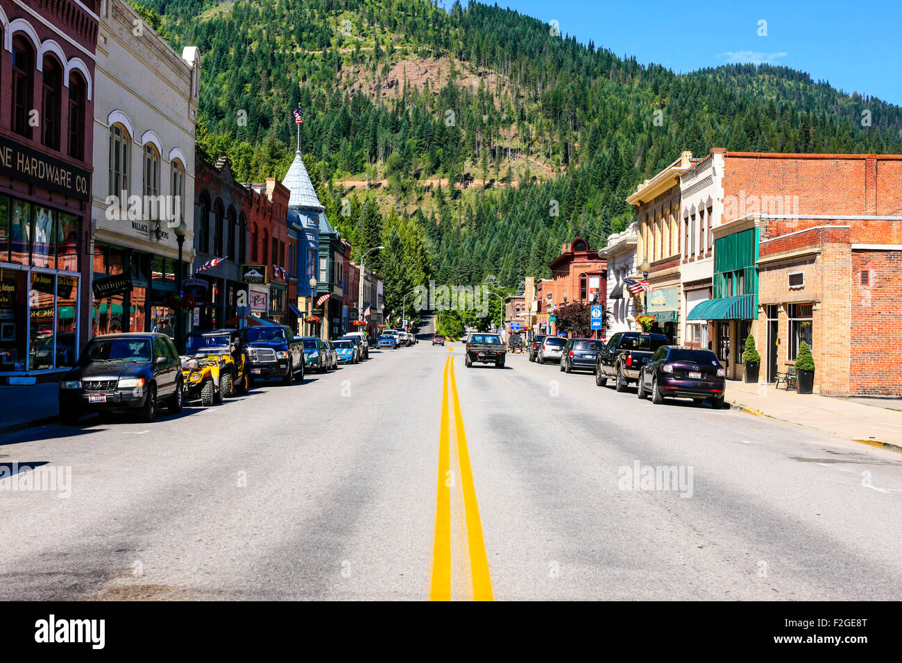 La città storica di Wallace nella regione di Panhandle e la Silver Valley distretto minerario di Idaho Foto Stock