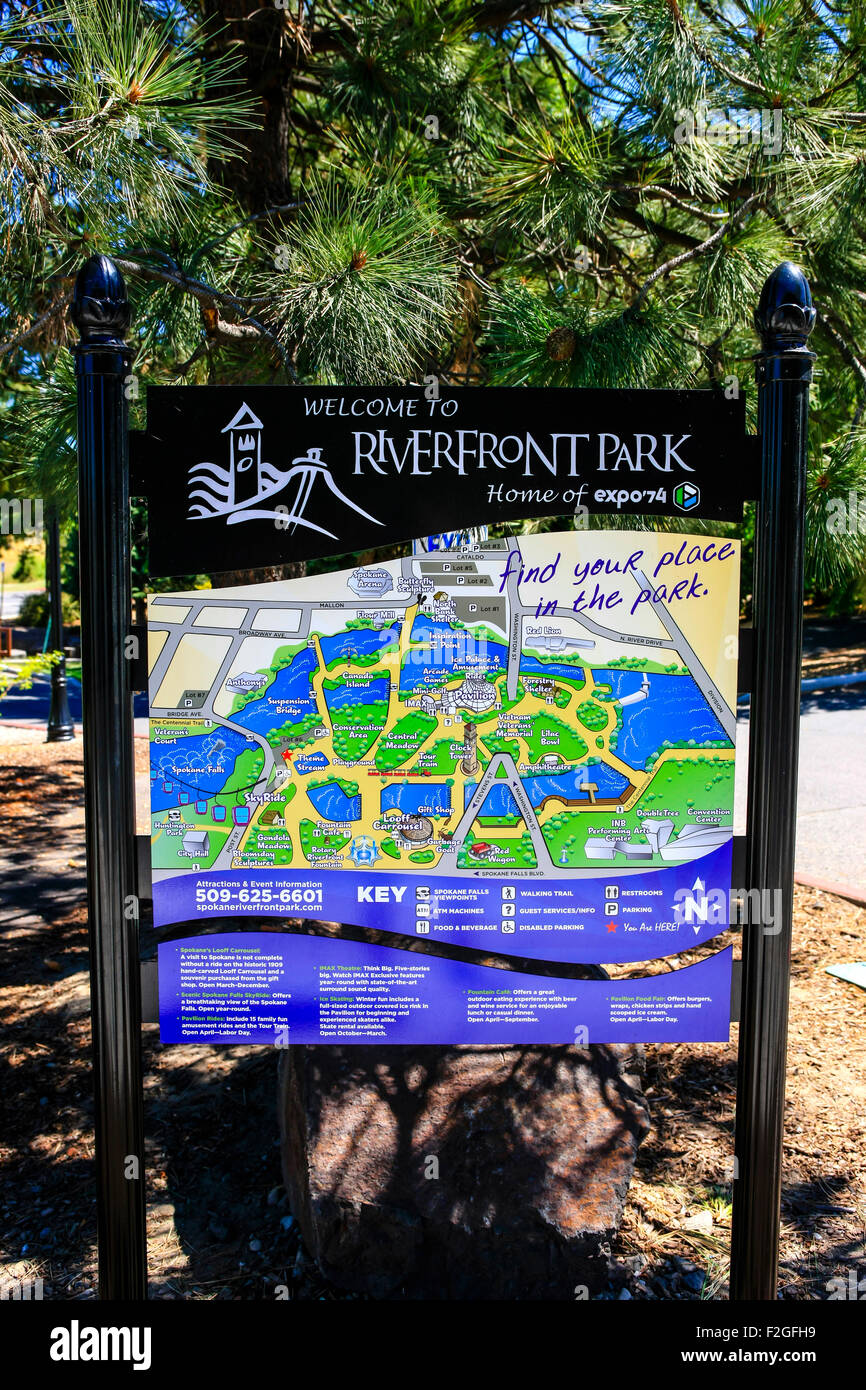 Mappa e segno di benvenuto per il Riverfront Park a Spokane Washington Foto Stock