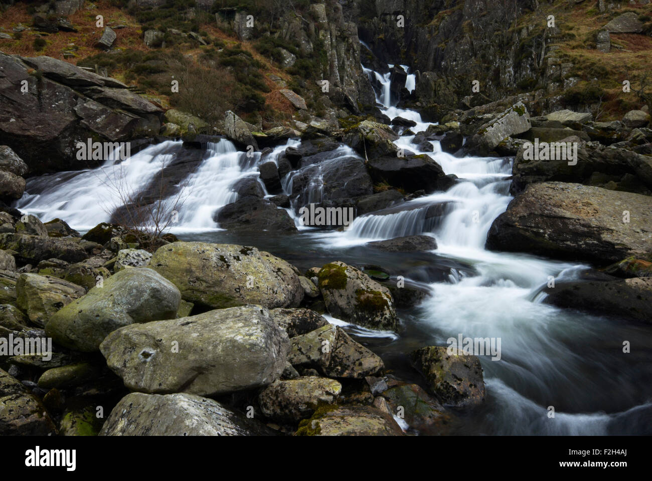 Rhaeadr Ogwen cascata nella valle Ogwen nel Parco Nazionale di Snowdonia, Wales, Regno Unito Foto Stock