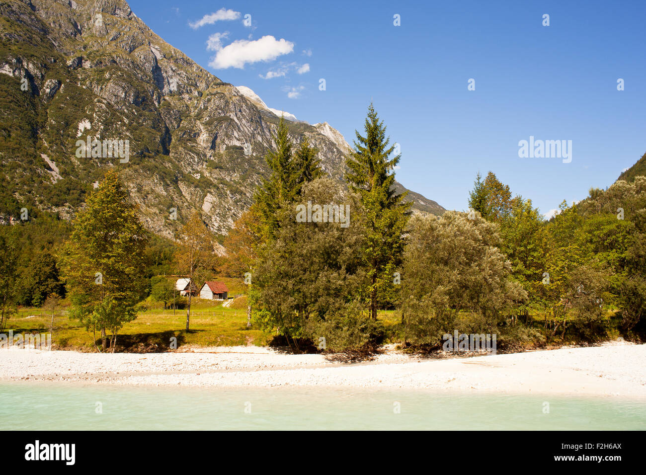 Visualizzazione della lingua slovena Soca river in estate Foto Stock