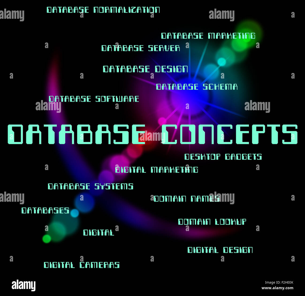 Concetti relativi ai database indicando pensare parole e ipotesi Foto Stock