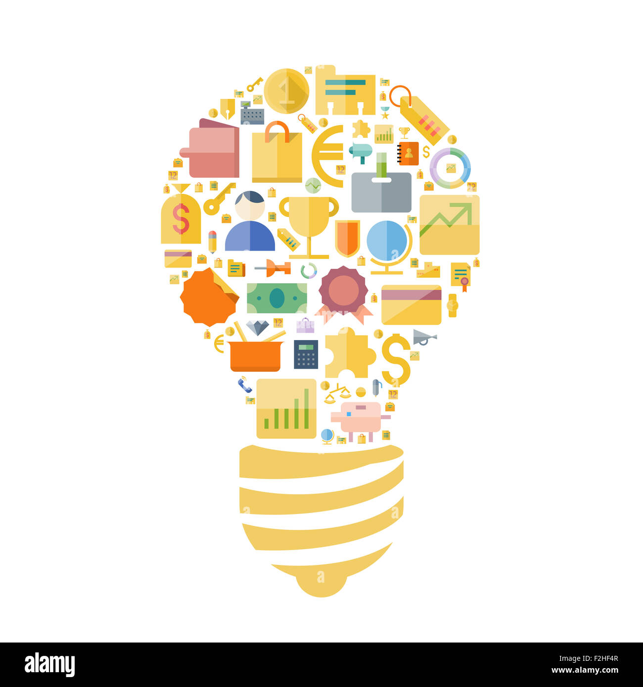 Icone per affari e finanza disposti nel bulbo di luce di forma. Foto Stock