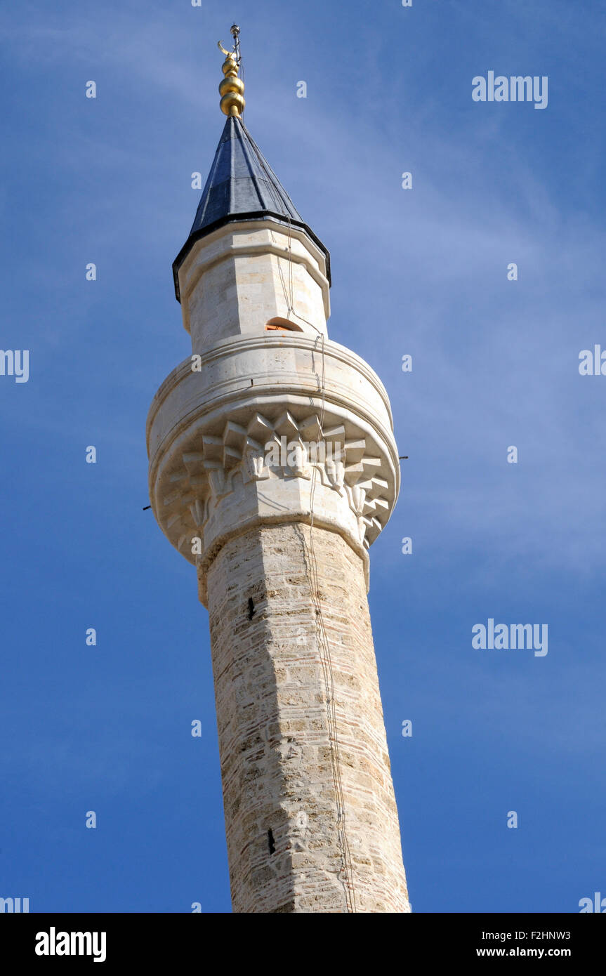 Il minareto della moschea di piombo, Xhamia e Plumbit, un 16esimo secolo moschea denominata per la copertura di piombo delle sue cupole. Berat, Foto Stock