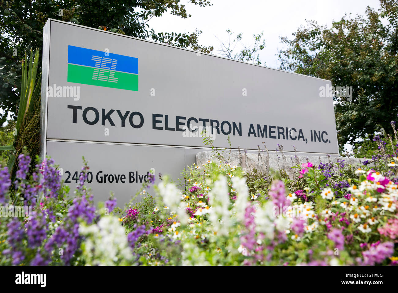Un segno del logo al di fuori di una struttura occupata da Tokyo Electron America, Inc. di Austin, in Texas, il 11 settembre 2015. Foto Stock