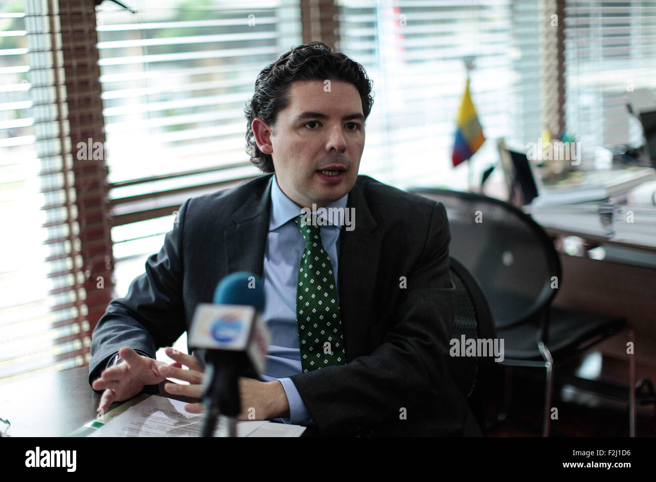 (150920) -- Bogotà, Sett. 20, 2015 (Xinhua) -- Foto scattata il 7 settembre 17, 2015 mostra colombiana per il vice ministro della difesa per la politica internazionale e degli affari di Anibal Fernandez de Soto la ricezione di un'intervista con Xinhua News Agency nella città di Bogotà, capitale della Colombia. Il governo colombiano ha iniziato a prendere misure contro l'aumento in diverse regioni del paese di estrazione illegale, che è stato sviluppato appositamente dai guerriglieri e bande criminali che sfruttano le risorse minerarie del paese in modo irregolare e stanno lasciando i gravi danni all'ambiente. Anibal Fernandez de Soto ha spiegato che Foto Stock