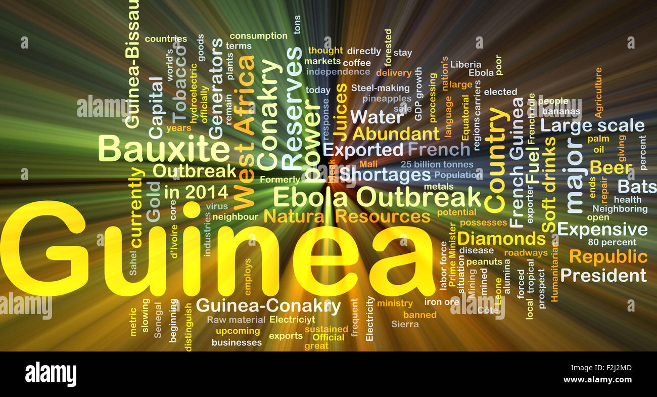 Concetto di sfondo wordcloud illustrazione della Guinea luce incandescente Foto Stock