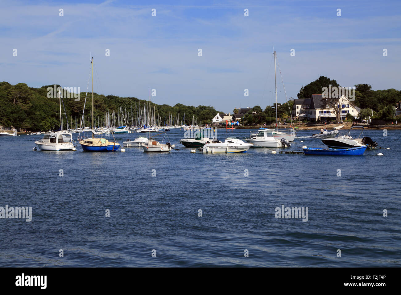 Vista di Ile de Conleau da Cala de BARRARAC'H, Rue Eric Tabarly, Porto Anna, Sene, Vannes, Morbihan, in Bretagna, Francia Foto Stock