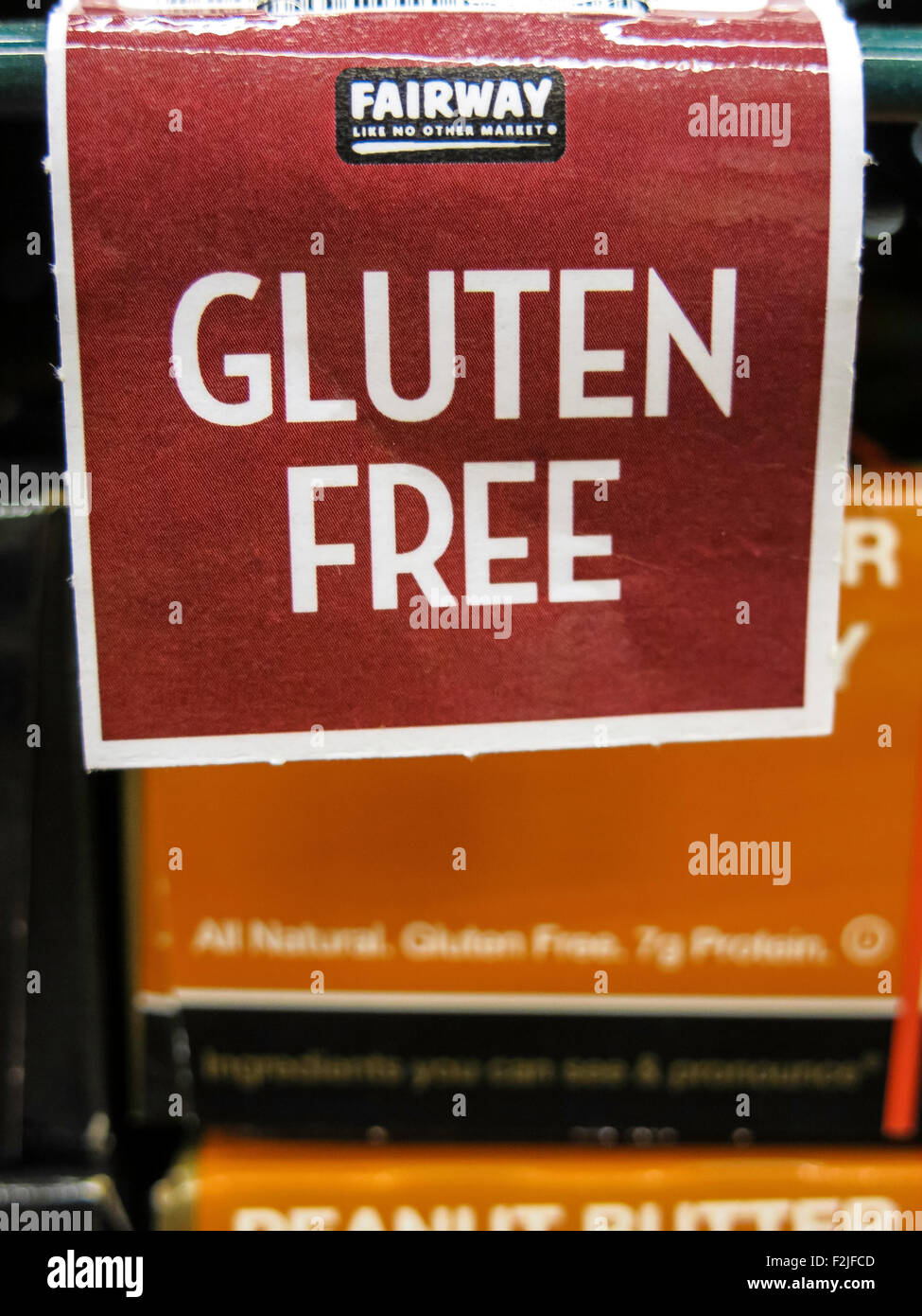 Il prodotto non contiene glutine segno, Fairway Super mercato, New York City, Stati Uniti d'America Foto Stock