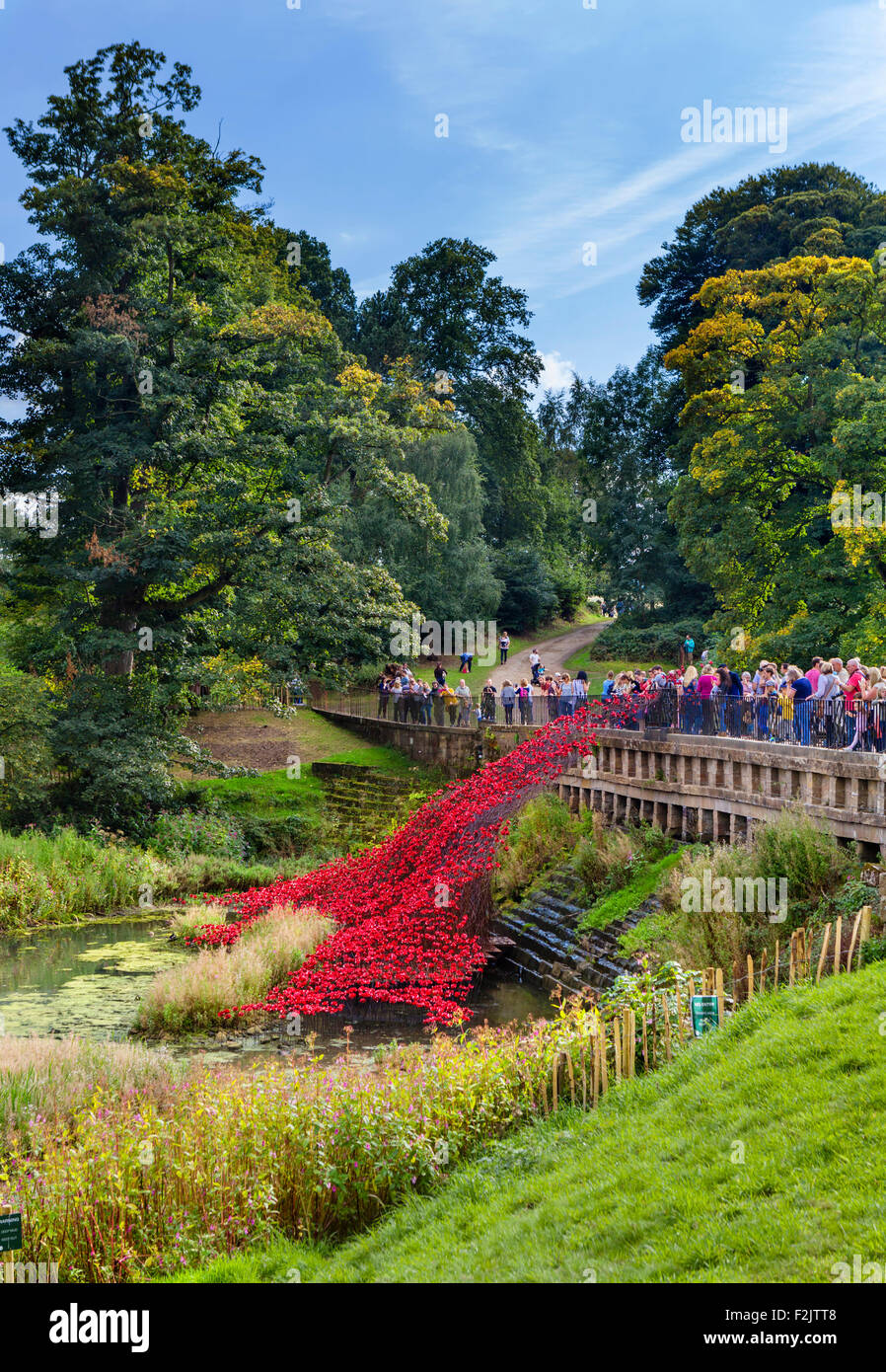 "Papaveri: Onda', dall'installazione " sangue spazzata di terre e mari di rosso' , Yorkshire Sculpture Park, Wakefield, Yorkshire, Regno Unito Foto Stock