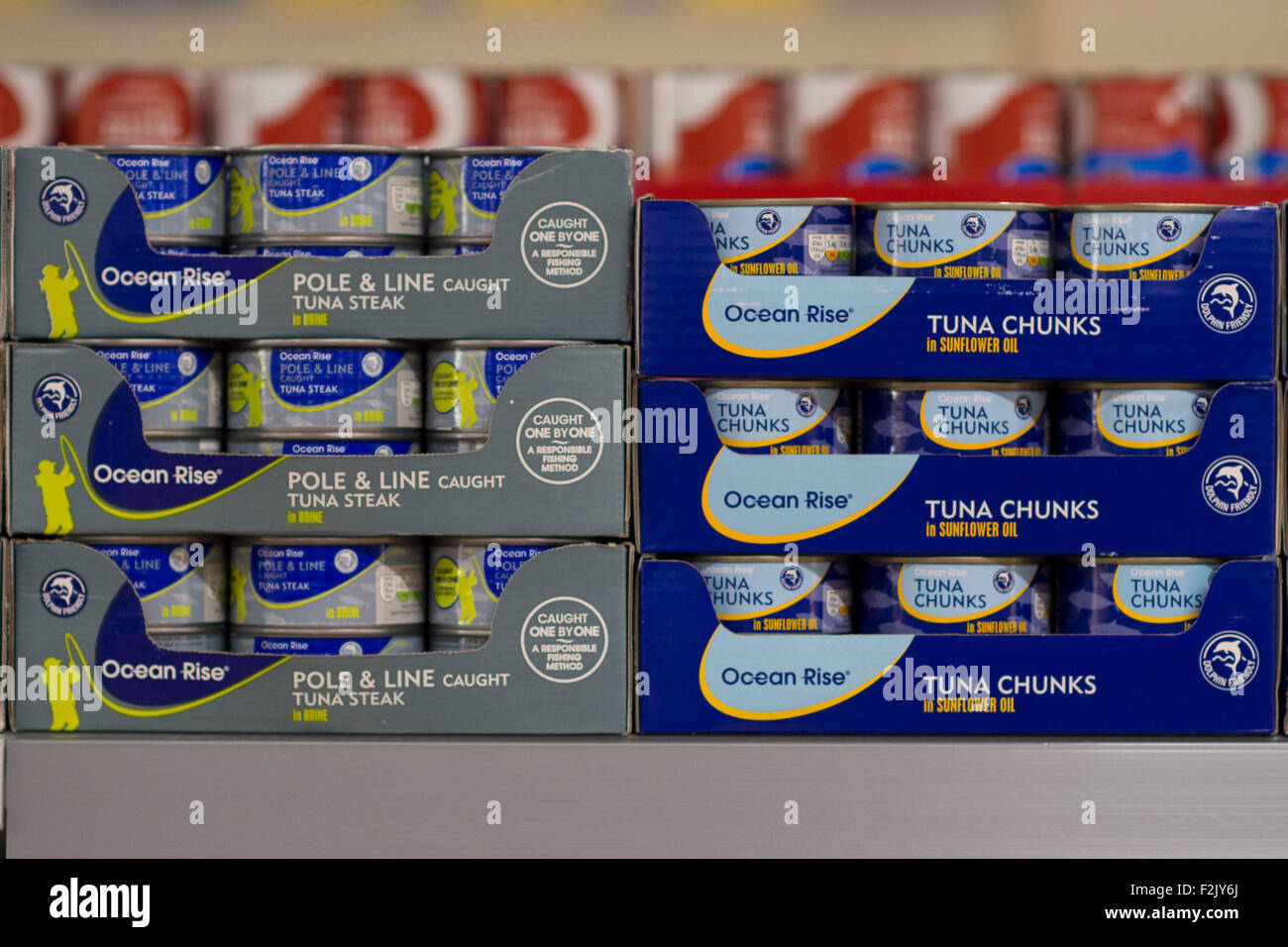 Le conserve di tonno e di bistecca di tonno in vendita in un supermercato Foto Stock