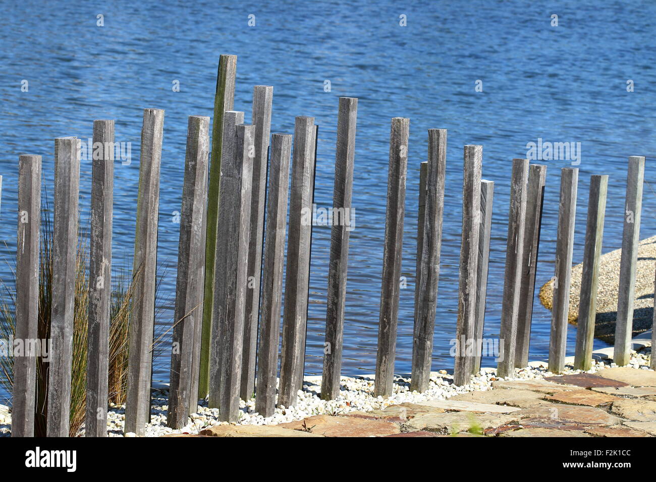 Staccionata in legno vicino al lago, a Giardino Australiano Cranbourne Victoria Australia Foto Stock