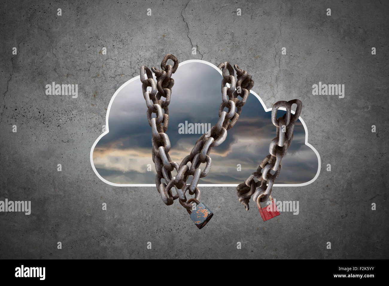 Il cloud computing concetto. Il Cloud incatenati su sfondo grigio Foto Stock