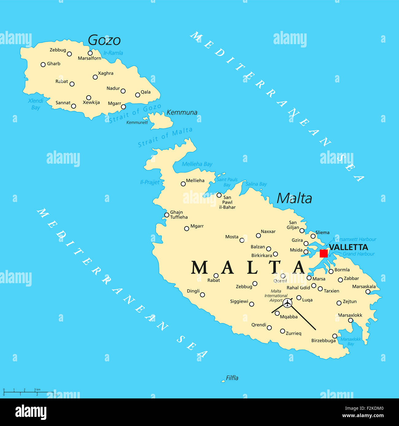 Malta mappa politico con la capitale Valletta e importanti città. Etichetta inglese e la scala. Illustrazione. Foto Stock