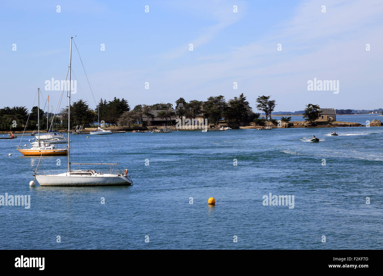 Vista di Ile de Boedic dal porto di Anna, Sene, Vannes, Morbihan, in Bretagna, Francia Foto Stock
