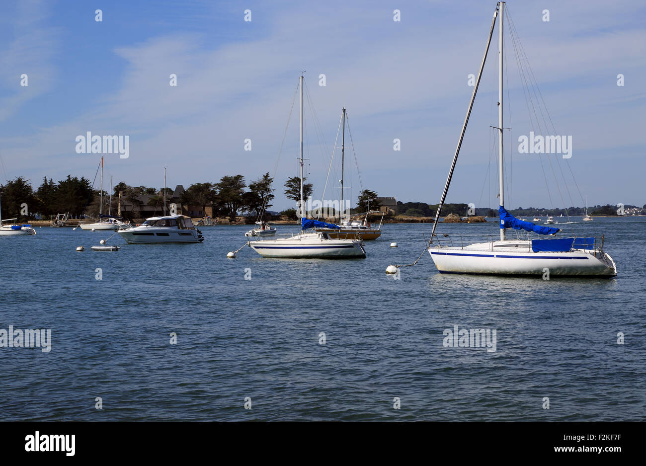 Ormeggiate barche a vela e Ile de Boedic dal porto di Anna, Sene, Vannes, Morbihan, in Bretagna, Francia Foto Stock
