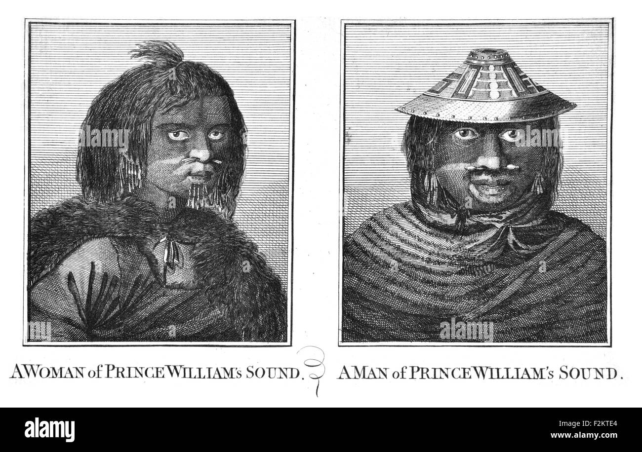 Il capitano James Cook FRS 1728 1779 British Explorer, Navigator, cartografo, capitano della Royal Navy. L uomo e la donna di Prince William Sound Foto Stock