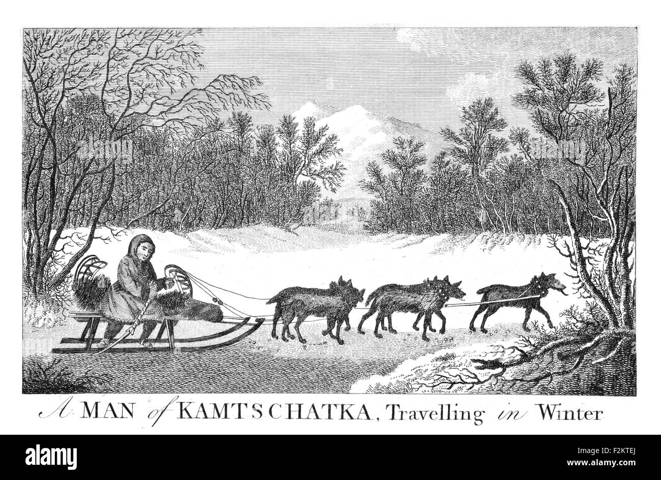 Il capitano James Cook FRS 1728 1779 British Explorer, Navigator, cartografo, capitano della Royal Navy. Uomo sulla slitta Kamtschatka in inverno pellicce di cani Foto Stock