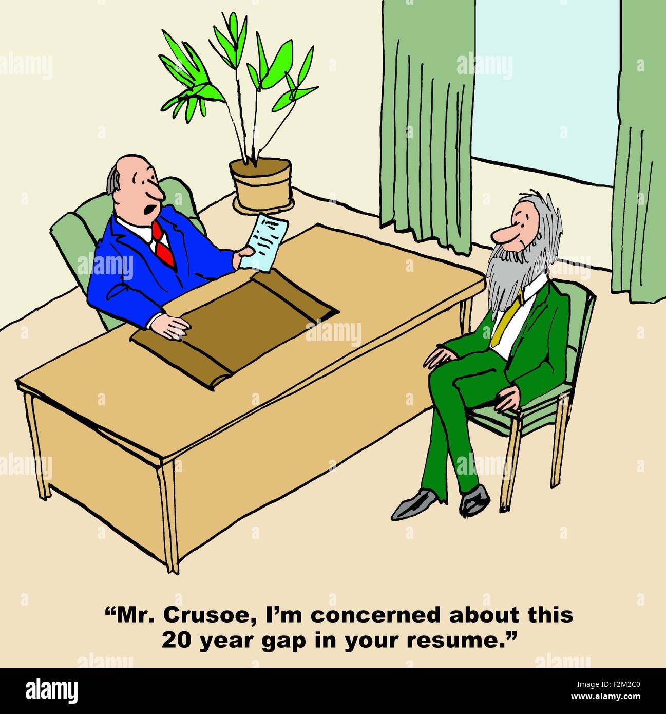 Business cartoon di colloquio di lavoro, 'Mr. Crusoe, mi sono preoccupato per questo 20 anni di scarto nel vostro resume.". Foto Stock