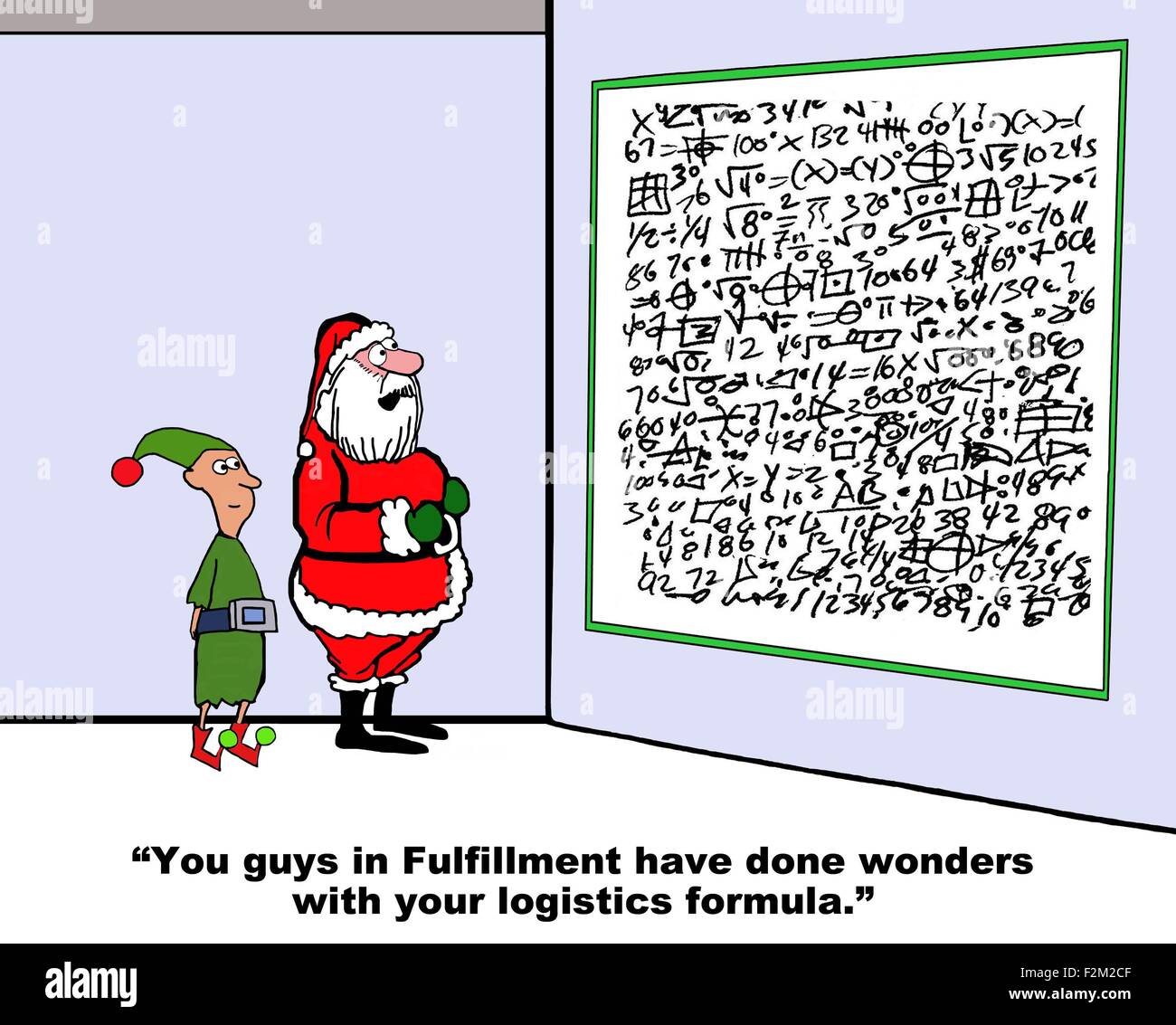 Cartoon di natale di Santa e formule complesse, dicendo di Elf, '... Adempimento hanno fatto miracoli con la vostra logistica...'. Foto Stock