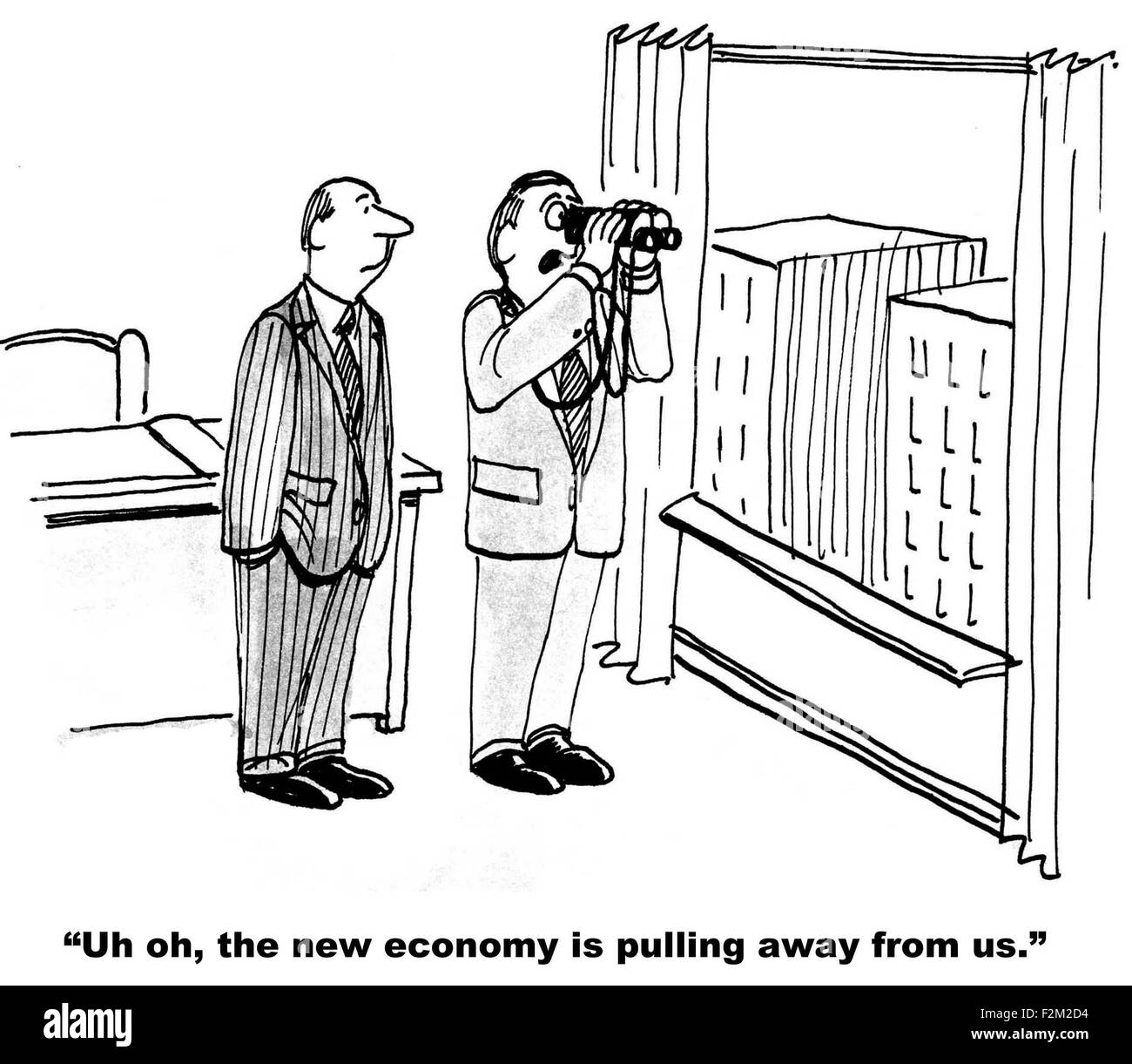 Business cartoon di due imprenditori a finestra, uno con il binocolo dice, "Uh oh, la nuova economia è puling lontano da noi". Foto Stock