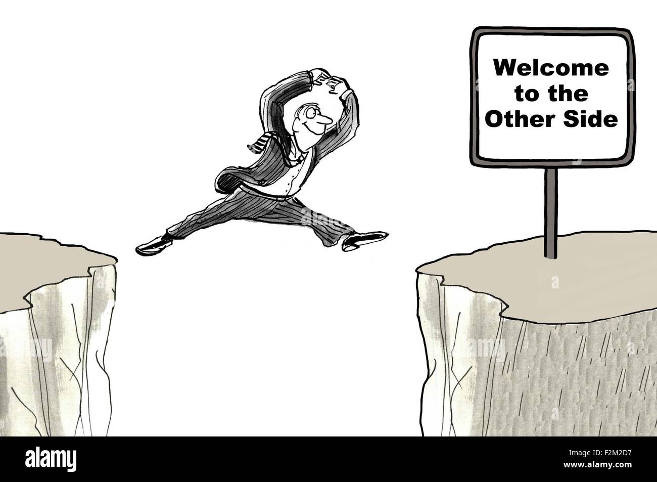 Business cartoon mostra uomo sorridente e cliff jumping di Cliff, "Benvenuti all'altra". Foto Stock