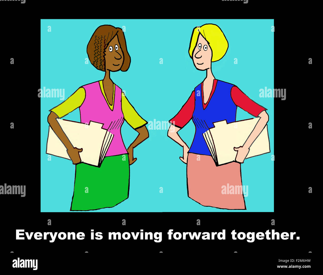 Illustrazione aziendale di due donne d'affari, diverse e millenarie, e delle parole: "Tutti si stanno muovendo insieme". Foto Stock