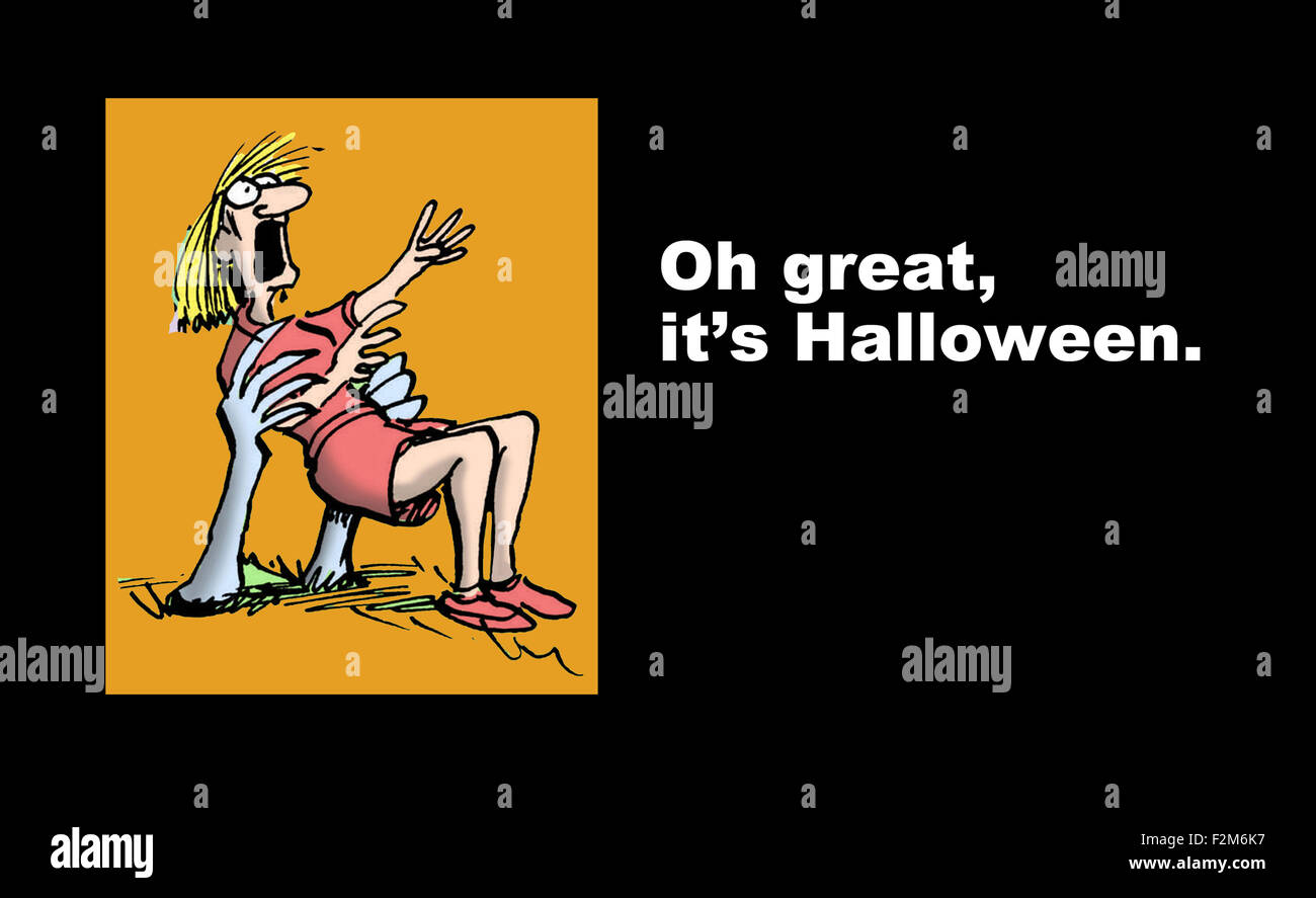 Divertimento illustrazione che mostra uno zombie afferrando una donna e le parole, "Oh grande, è Halloween'. Foto Stock