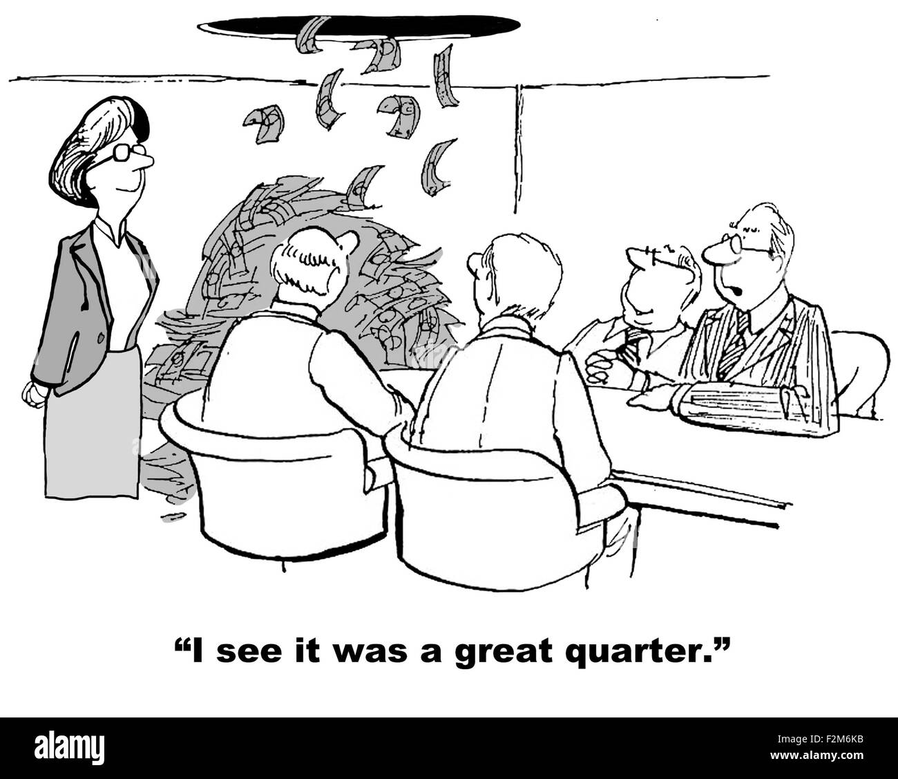 Business cartoon mostra incontro e di denaro che scorre verso il basso dal soffitto come business boss dice, "Vedo che è stato un ottimo trimestre". Foto Stock