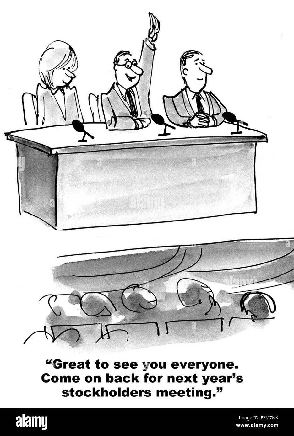 Business cartoon di assemblea, uomo dice, 'Grande per vedere voi tutti. Tornate per il prossimo anno di azionisti...'. Foto Stock