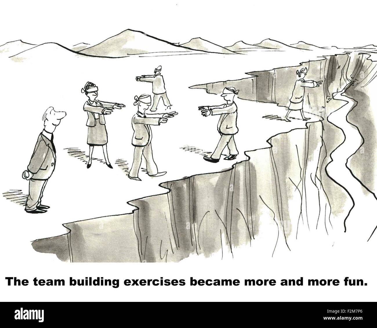 Business cartoon di imprenditori bendati camminando lungo la cima di una scogliera, 'il team building esercizi divennero più... divertimento'. Foto Stock