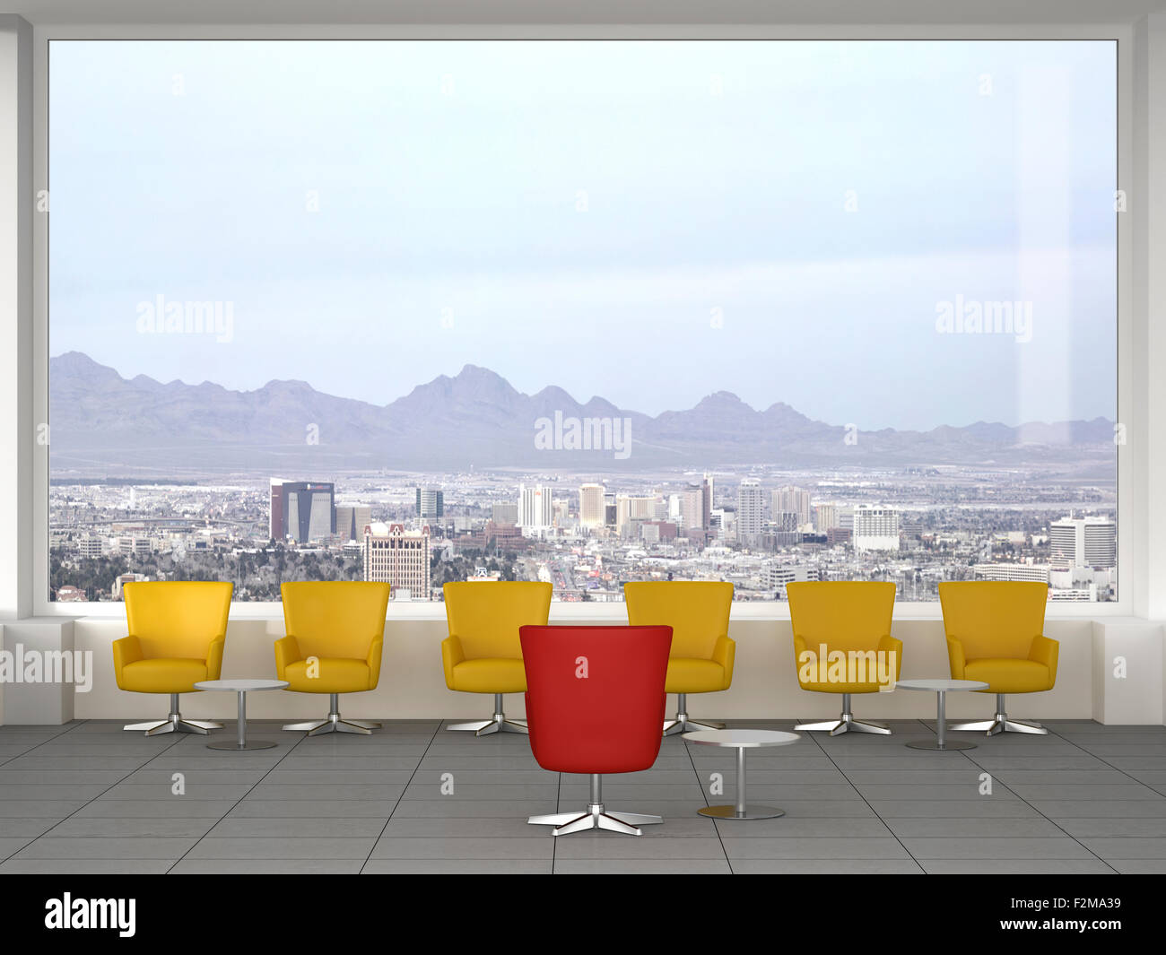 Una moderna sala riunioni con sedie girevoli e vista della città, rendering 3D Foto Stock