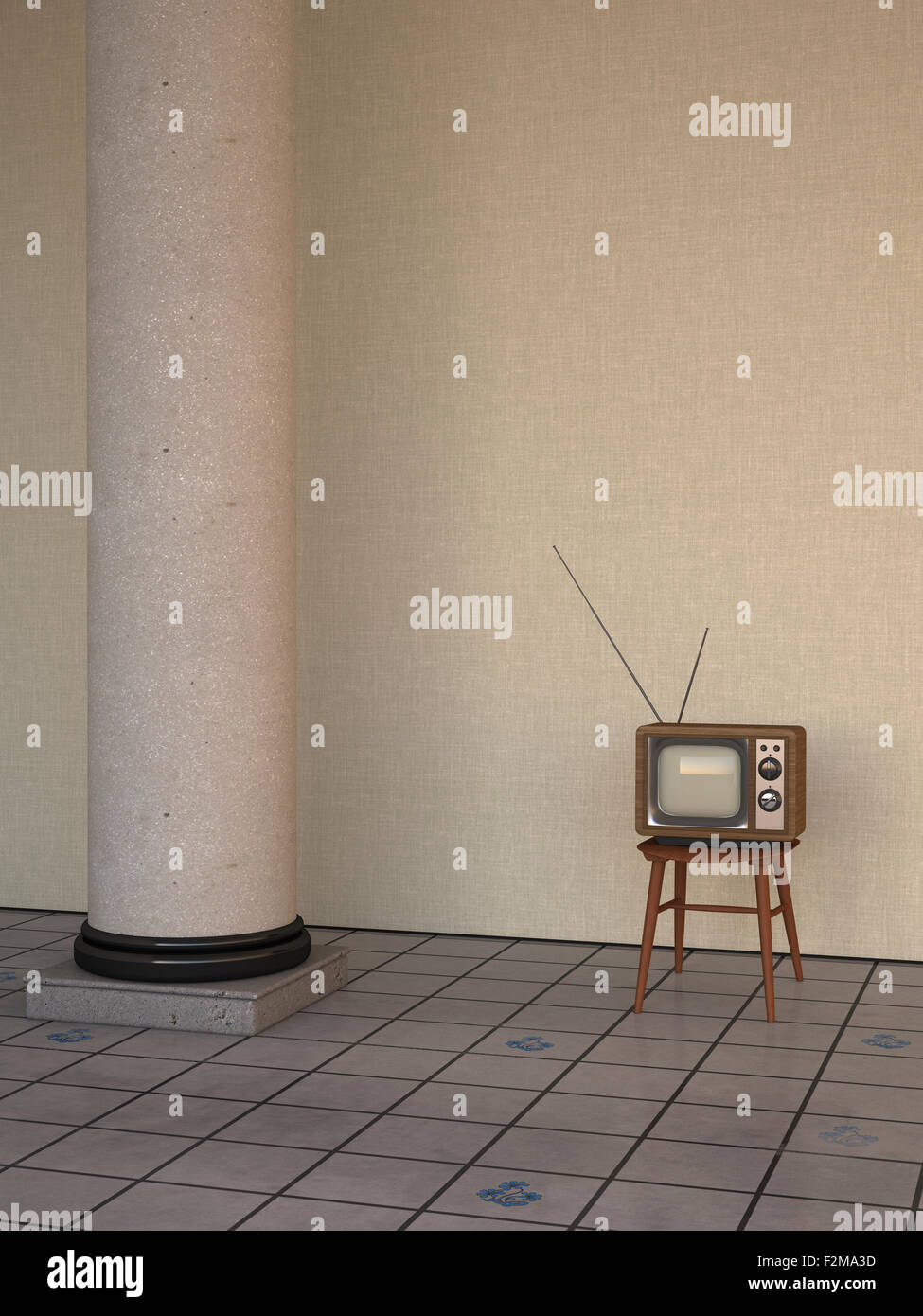 TV in stile retrò oltre alla colonna sul pavimento piastrellato, rendering 3D Foto Stock