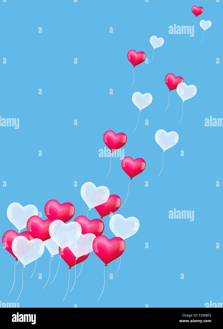 A forma di cuore palloncini volare in aria. Immagine su sfondo blu. Foto Stock