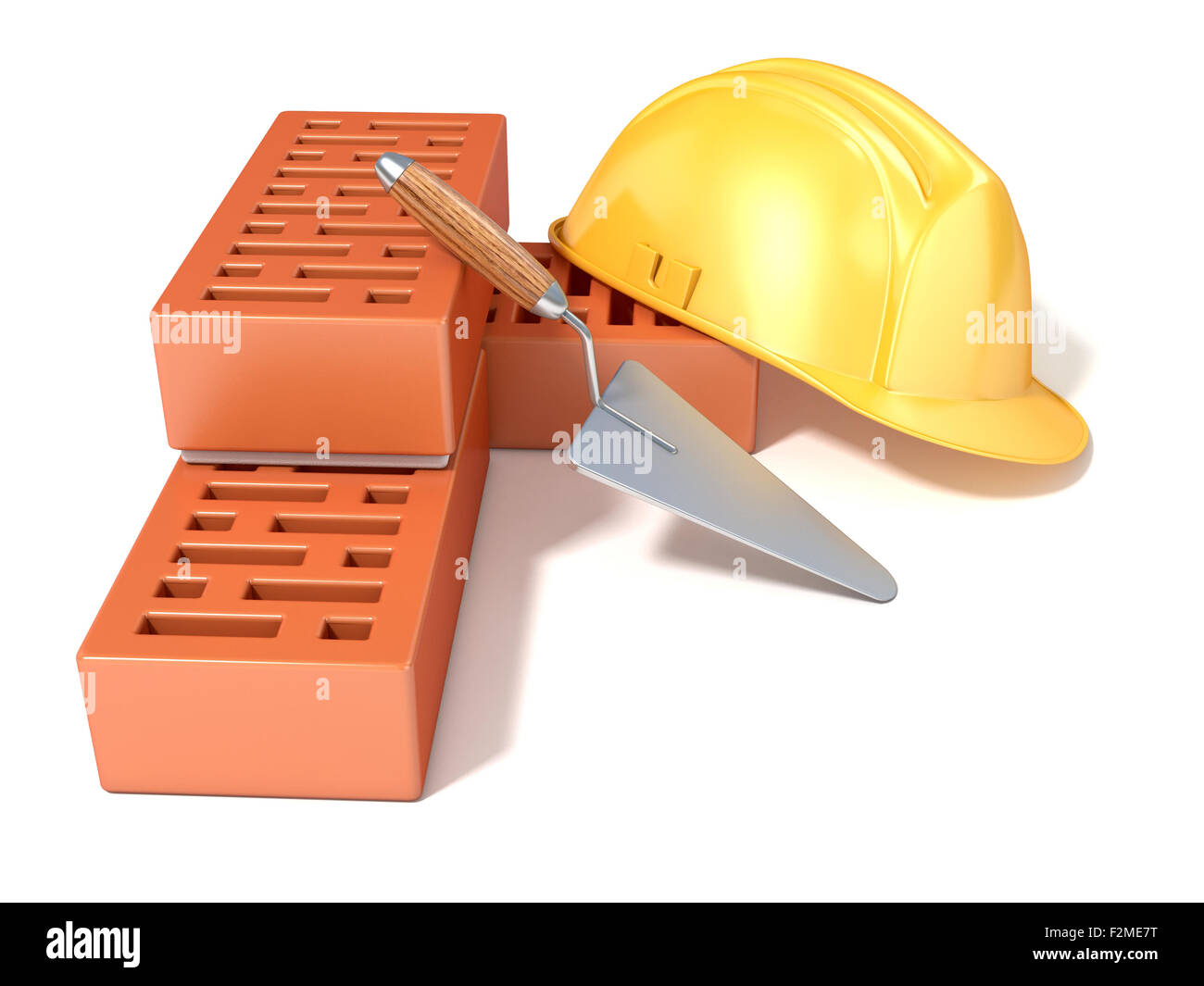 Casco di sicurezza con rettangolare forati e cazzuola. 3D render illustrazione, isolato sullo sfondo bianco. Lato angolato, vie Foto Stock