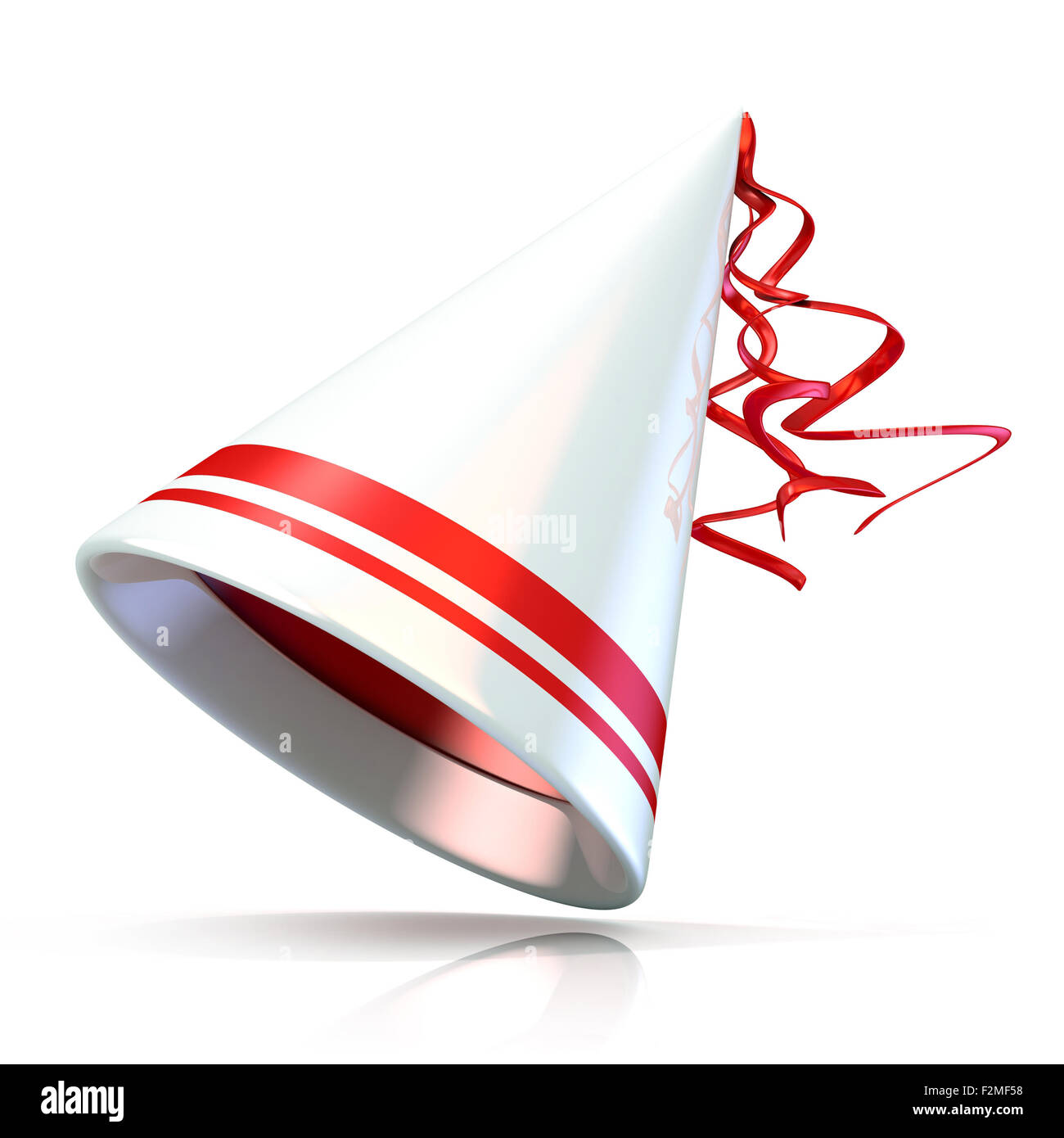 Party hat. 3D illustrazione del cappello bianco con due strisce rosse. Foto Stock