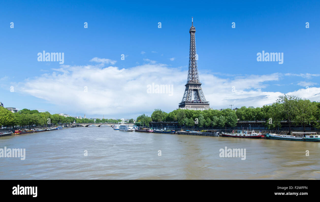Senna con la Torre Eiffel a distanza, Parigi, Francia, Europa Foto Stock