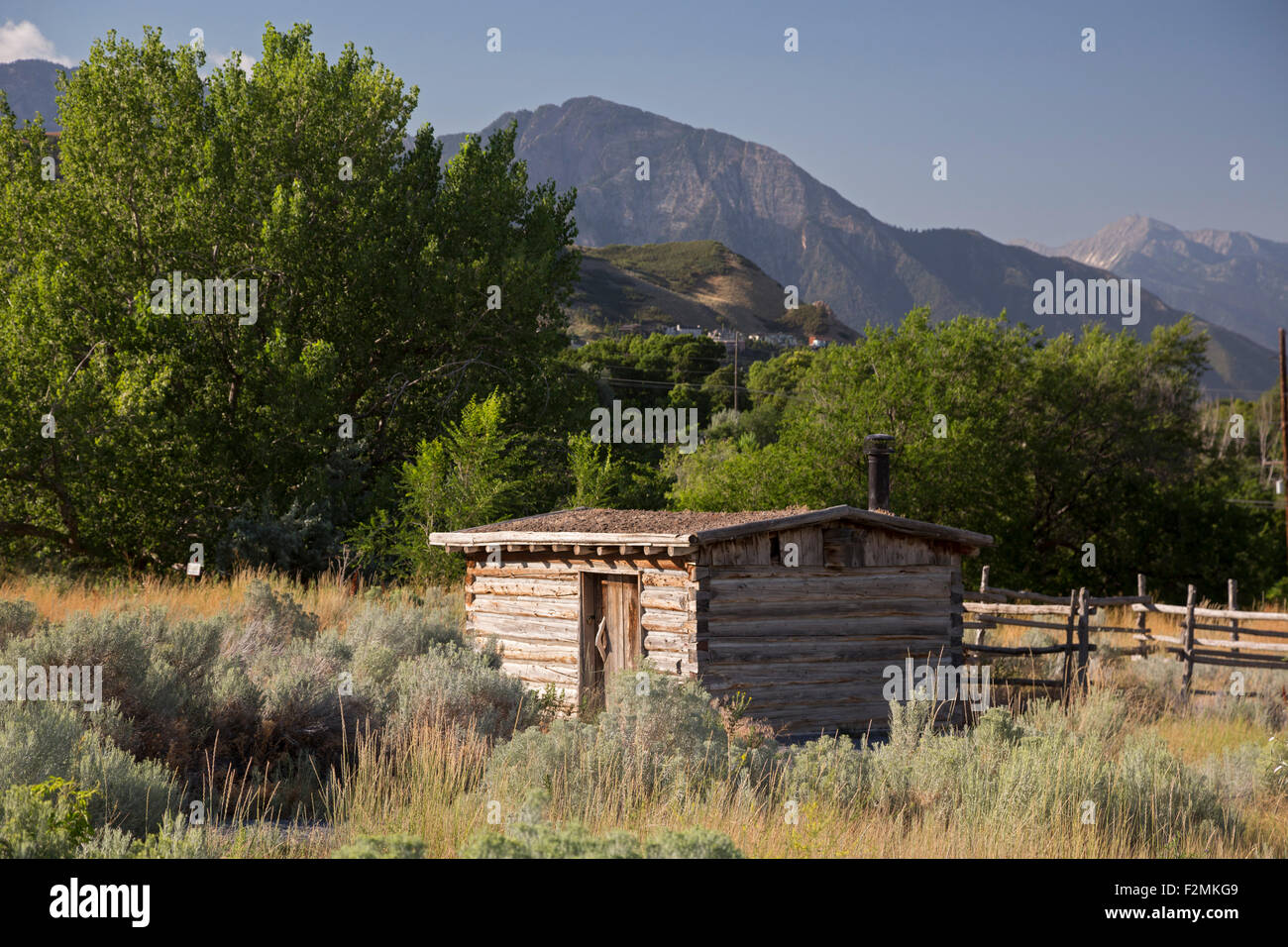 Salt Lake City, Utah - Replica Pony Express cabin in questo è il luogo Heritage Park. Foto Stock