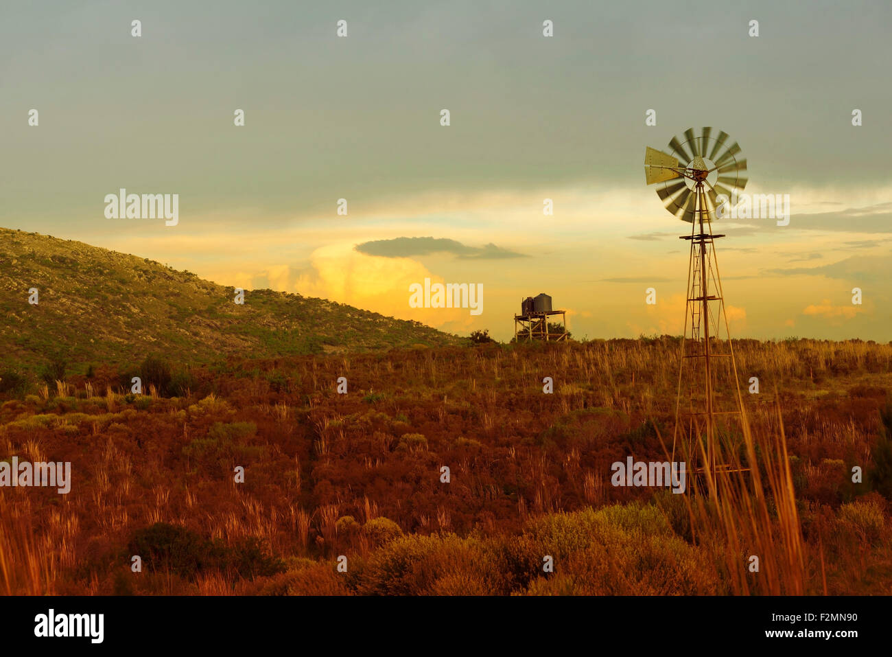 La vita di campagna paesaggio con bellissimi campi della prateria e il vecchio mulino a vento oltre il Cielo di tramonto in background. Foto Stock