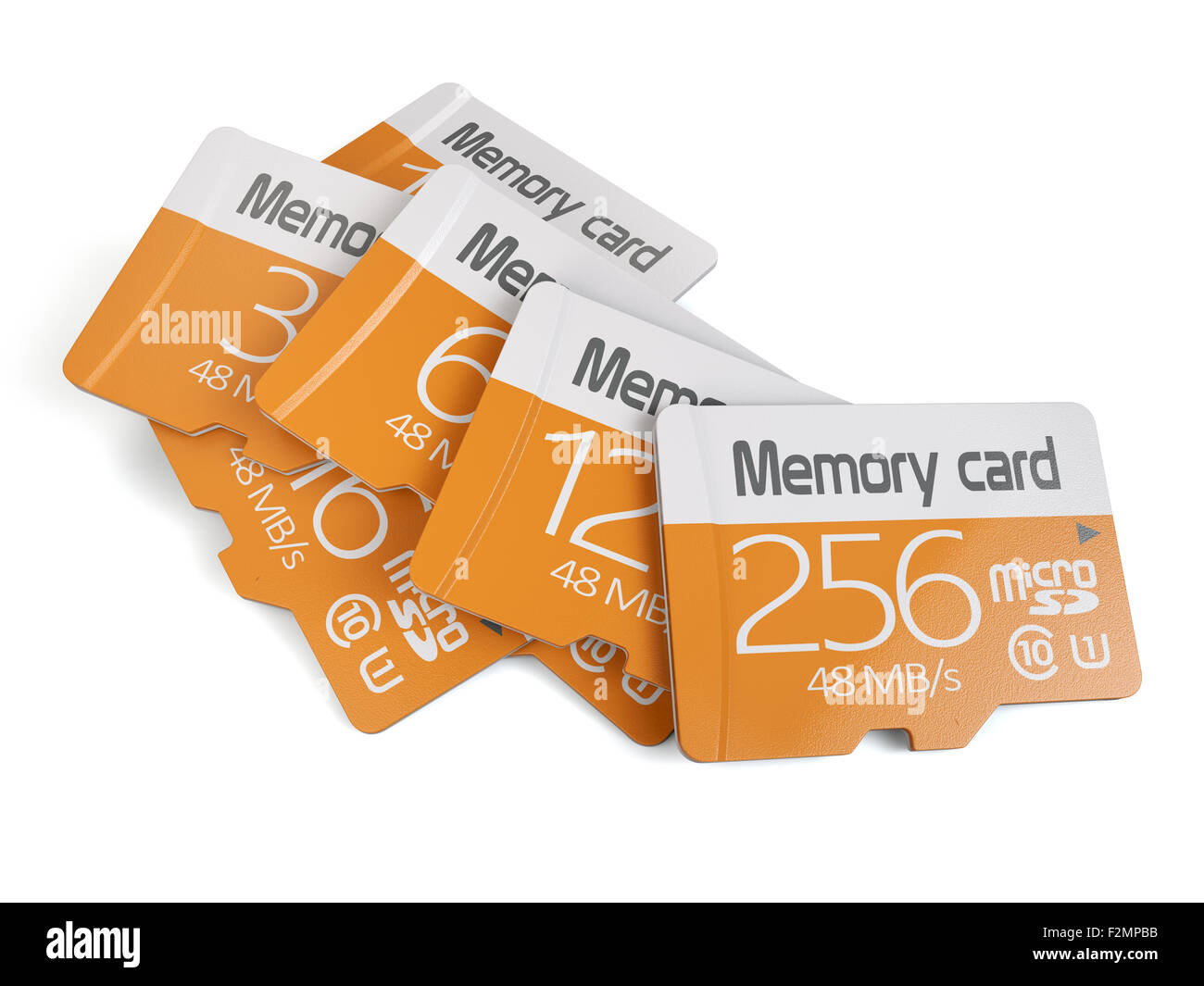 3D rendering di memoria micro sd card heap. Isolato su sfondo bianco Foto Stock