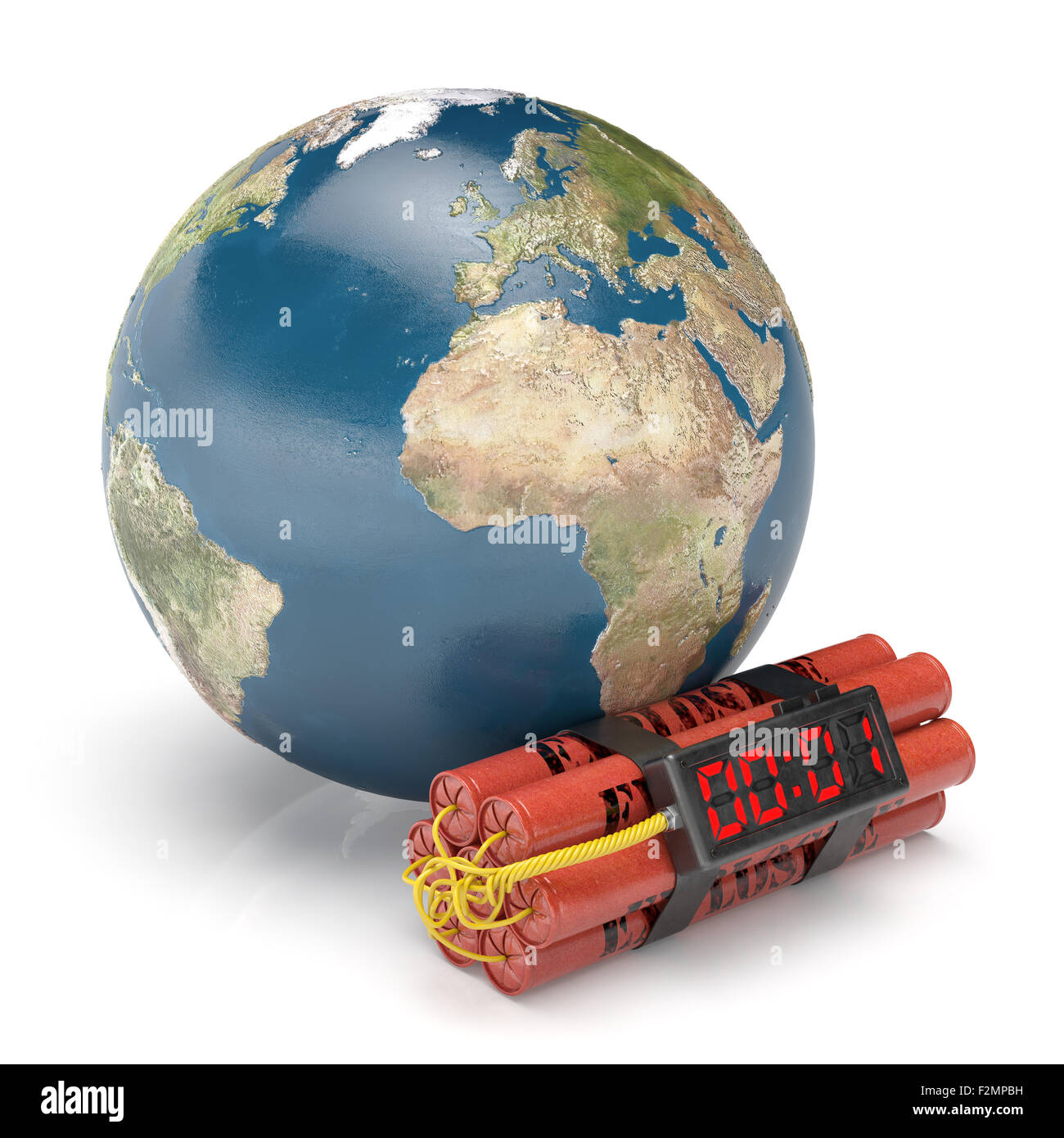 Pianeta Terra con la dinamite bomba a orologeria isolati su sfondo bianco. Mondo pericolosi conflitti militari concetto. Gli elementi di questo ho Foto Stock