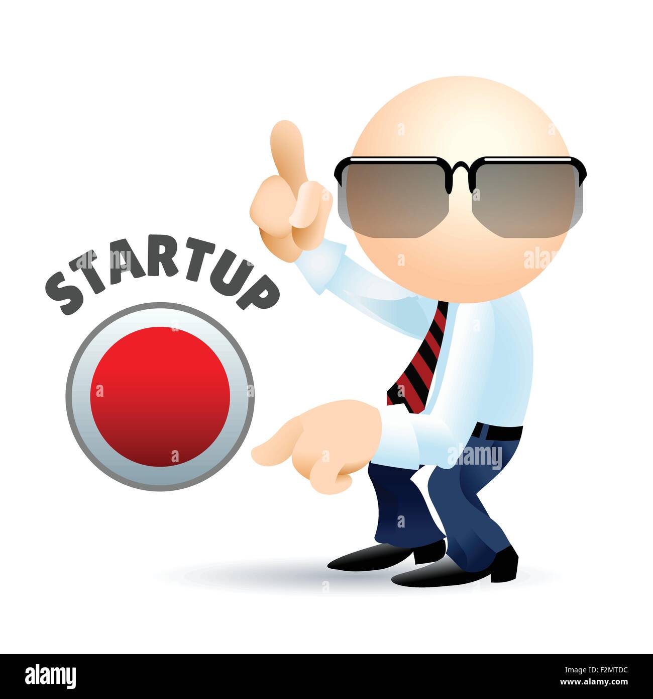 Uomo semplificata con dita di puntamento e il pulsante di avvio. Il concetto di Business illustrazione. Illustrazione Vettoriale