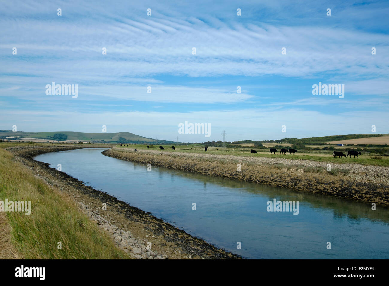 Un paesaggio piatto nel South Downs in East Sussex - l'uomo fatto canale per il fiume Ouse tra Lewes e Newhaven Foto Stock