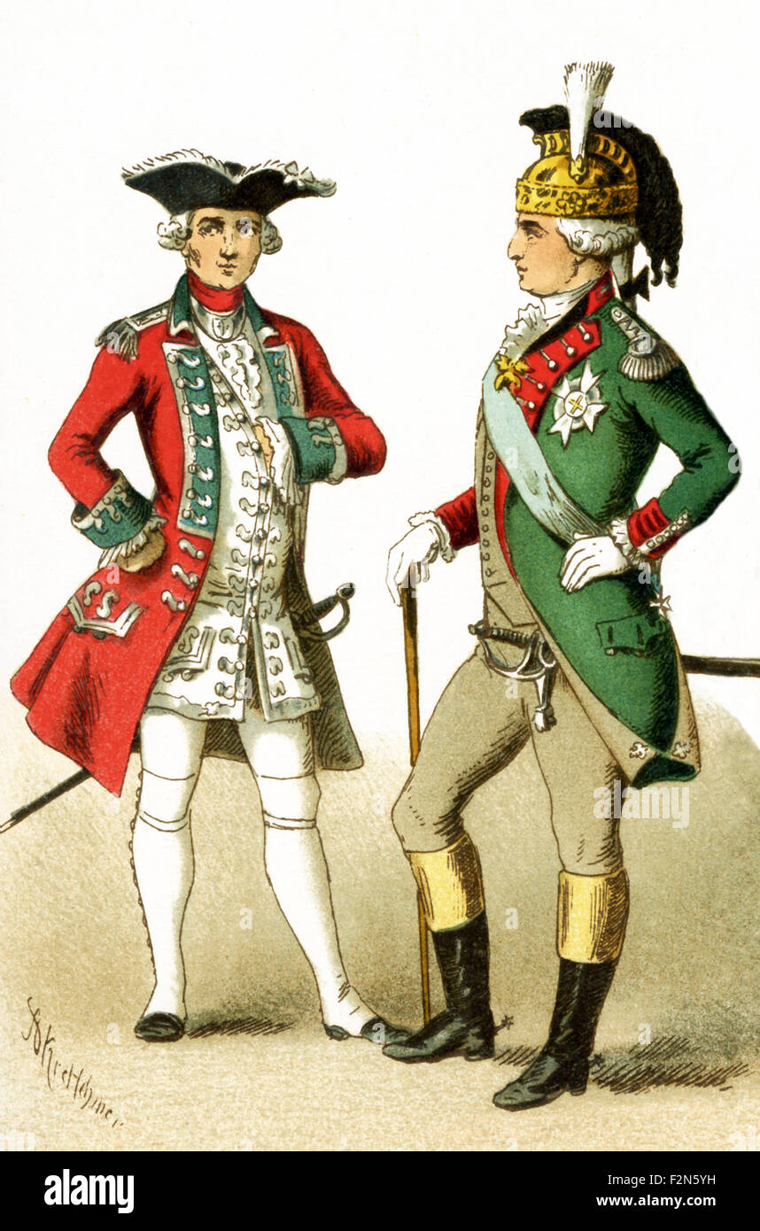 Le figure raffigurate qui rappresentate figure militari in Europa da circa 1700. Essi sono, da sinistra a destra: ufficiale della Guardia Svizzera e il Colonnello di dragoni. L'illustrazione risale al 1882. Foto Stock