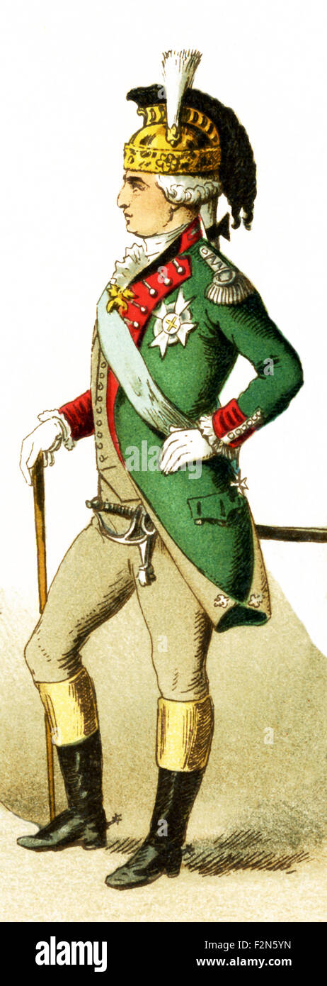 La figura raffigurata qui rappresenta un colonnello di dragoni da intorno al 1700. L'illustrazione risale al 1882. Foto Stock