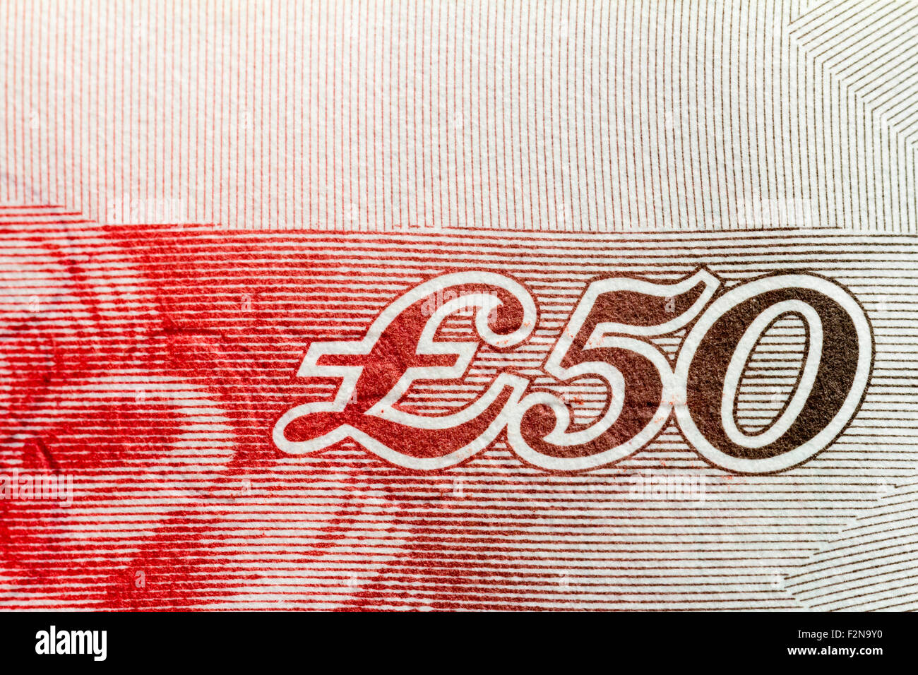 In prossimità della parte della sterlina inglese cinquanta pound nota, che mostra il numero di £50 Foto Stock